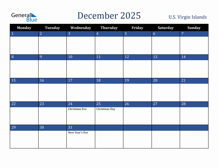 December 2025 U.S. Virgin Islands Calendar (Monday Start)