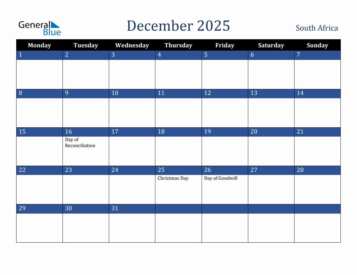 December 2025 South Africa Holiday Calendar (Monday Start)