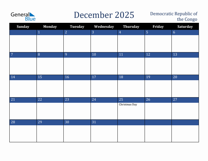December 2025 Democratic Republic of the Congo Calendar (Sunday Start)