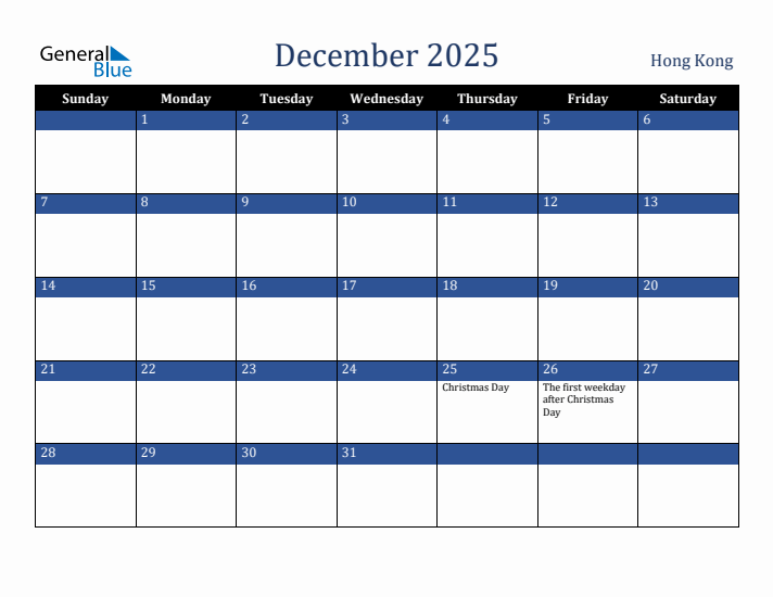 December 2025 Hong Kong Calendar (Sunday Start)