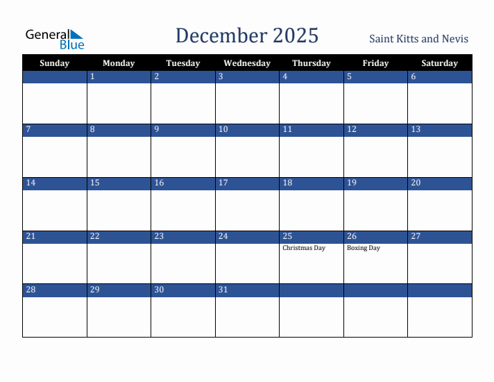 December 2025 Saint Kitts and Nevis Calendar (Sunday Start)