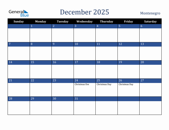December 2025 Montenegro Calendar (Sunday Start)