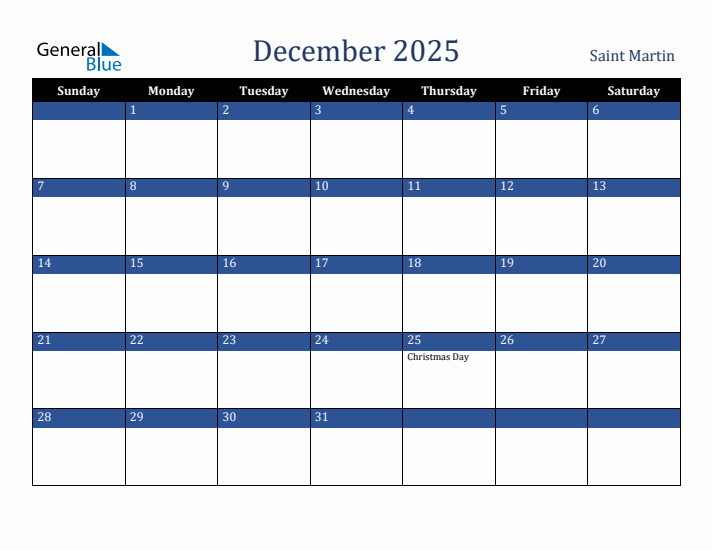 December 2025 Saint Martin Calendar (Sunday Start)
