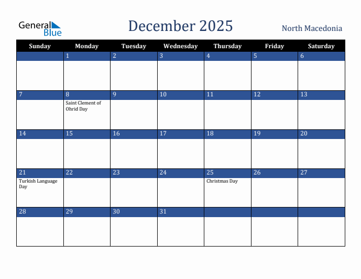 December 2025 North Macedonia Calendar (Sunday Start)