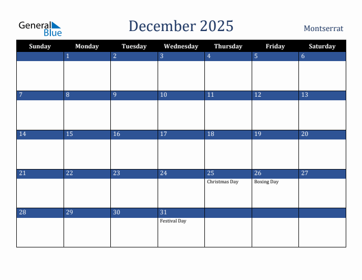 December 2025 Montserrat Calendar (Sunday Start)