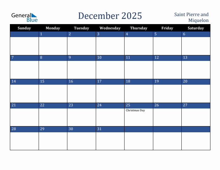 December 2025 Saint Pierre and Miquelon Calendar (Sunday Start)