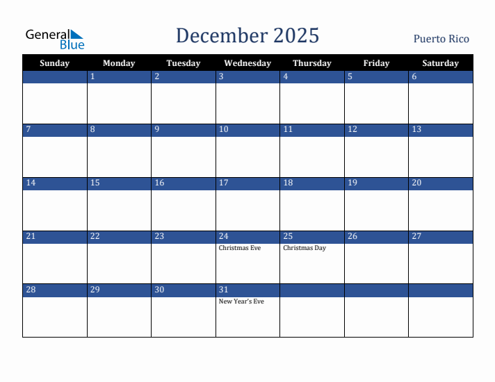 December 2025 Puerto Rico Calendar (Sunday Start)