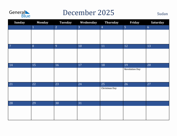 December 2025 Sudan Calendar (Sunday Start)