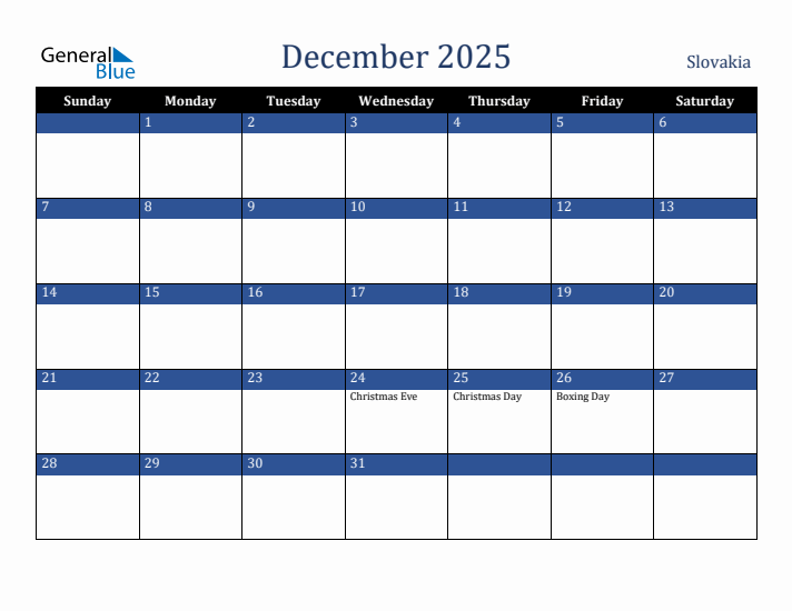 December 2025 Slovakia Calendar (Sunday Start)