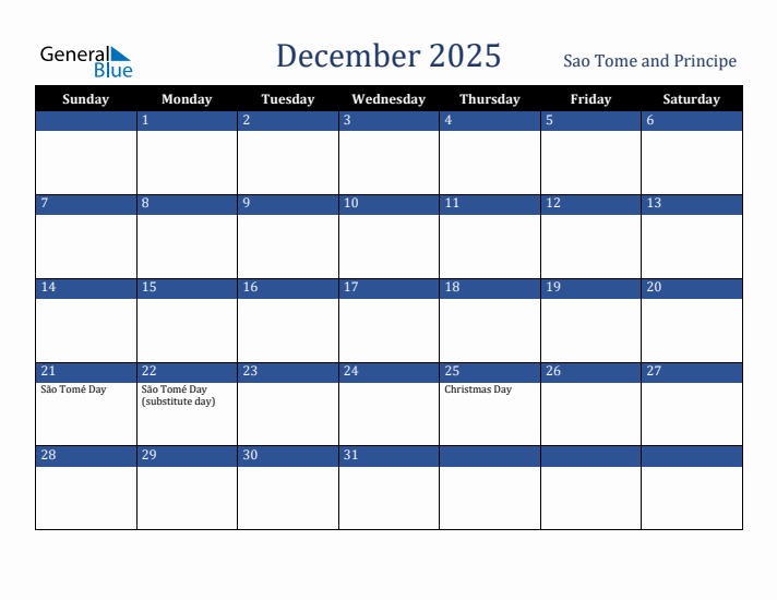 December 2025 Sao Tome and Principe Calendar (Sunday Start)