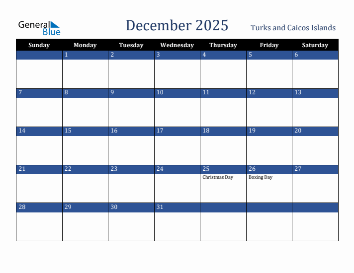 December 2025 Turks and Caicos Islands Calendar (Sunday Start)