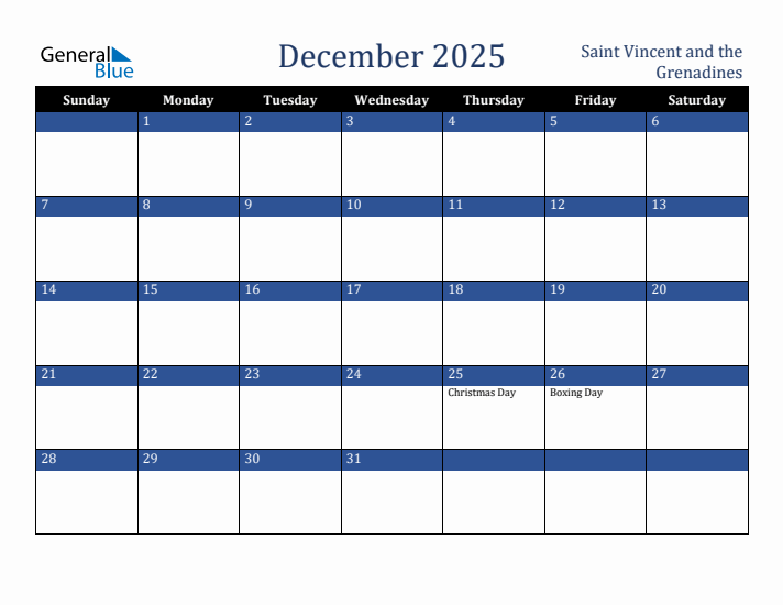 December 2025 Saint Vincent and the Grenadines Calendar (Sunday Start)
