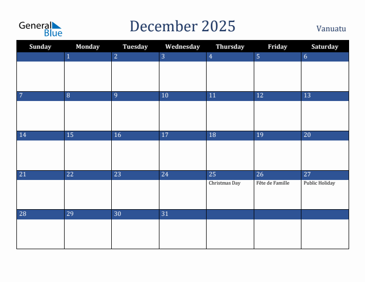 December 2025 Vanuatu Calendar (Sunday Start)