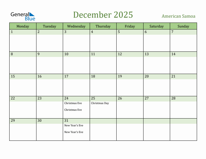 December 2025 Calendar with American Samoa Holidays