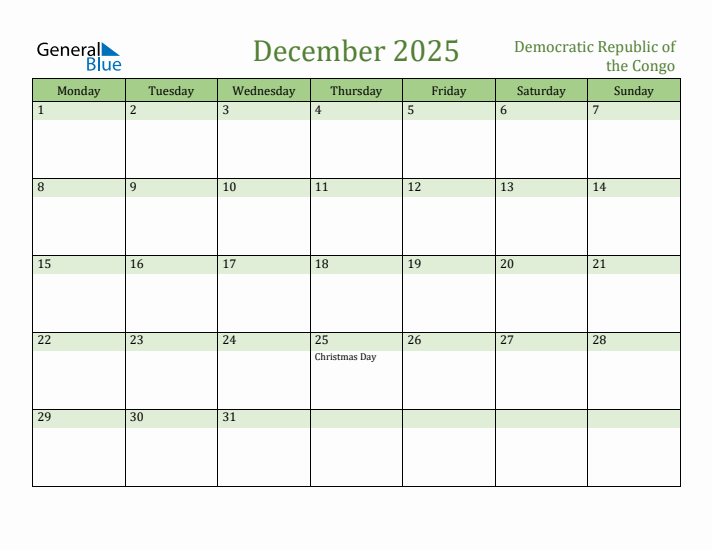 December 2025 Calendar with Democratic Republic of the Congo Holidays