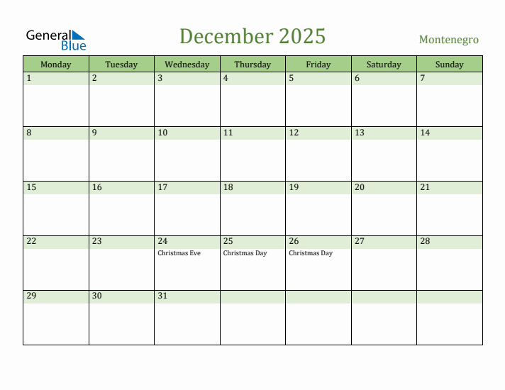 December 2025 Calendar with Montenegro Holidays