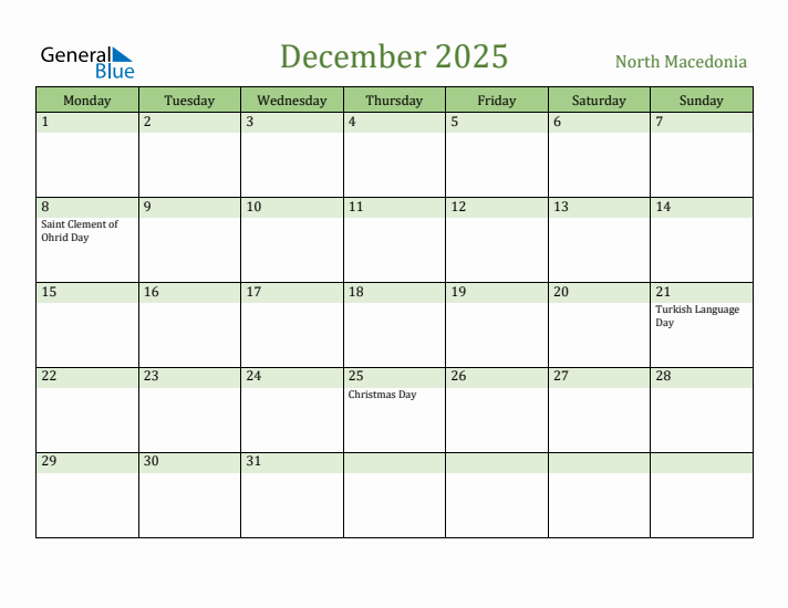 December 2025 Calendar with North Macedonia Holidays
