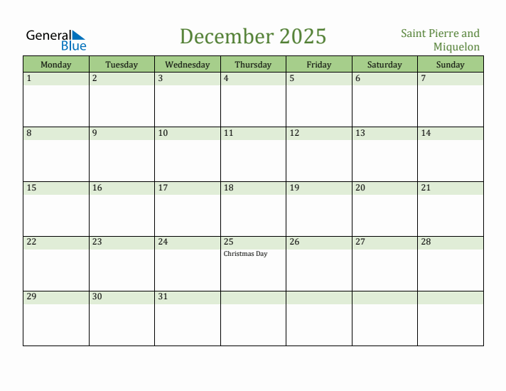 December 2025 Calendar with Saint Pierre and Miquelon Holidays