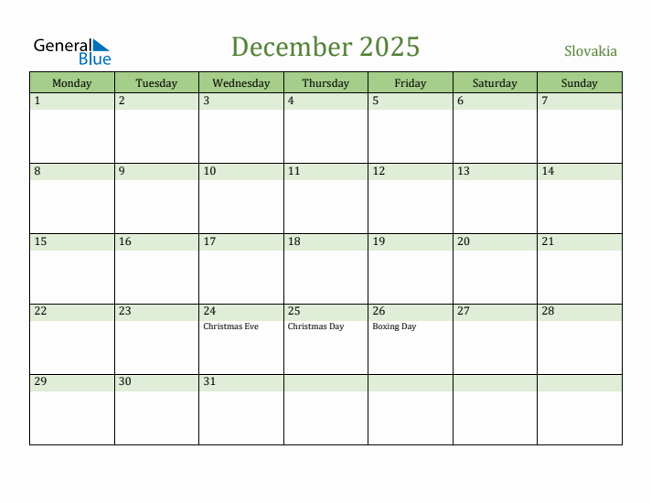 December 2025 Calendar with Slovakia Holidays