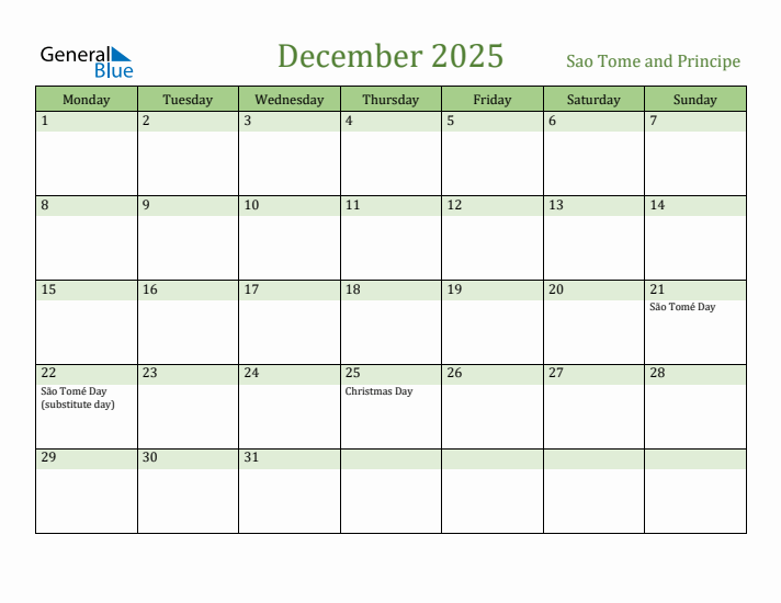 December 2025 Calendar with Sao Tome and Principe Holidays