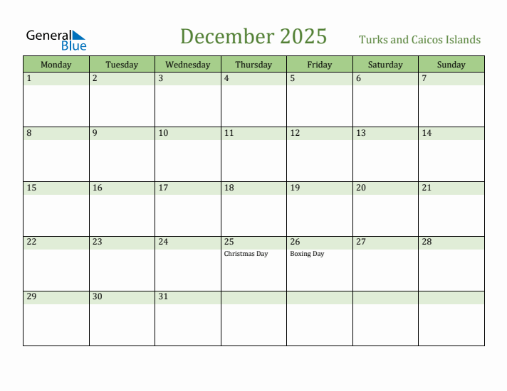 December 2025 Calendar with Turks and Caicos Islands Holidays