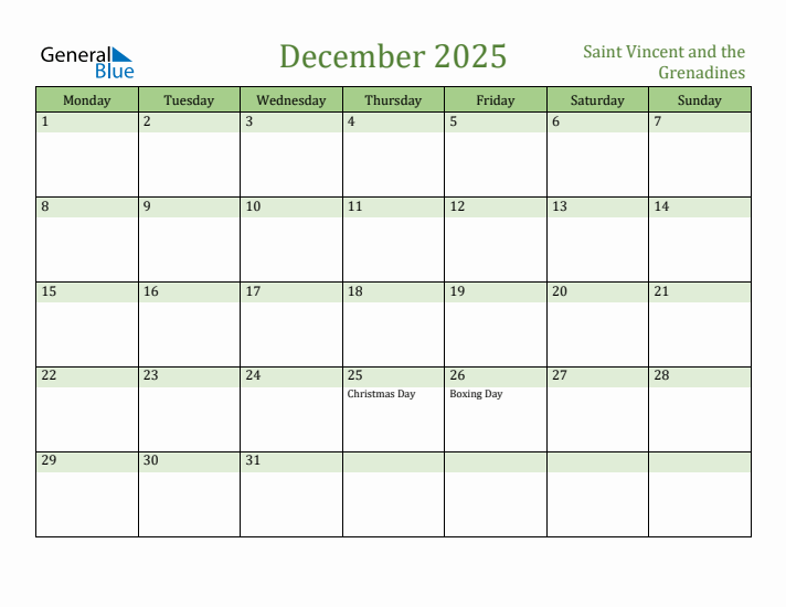 December 2025 Calendar with Saint Vincent and the Grenadines Holidays