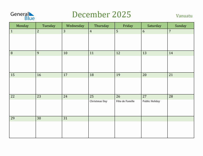 December 2025 Calendar with Vanuatu Holidays