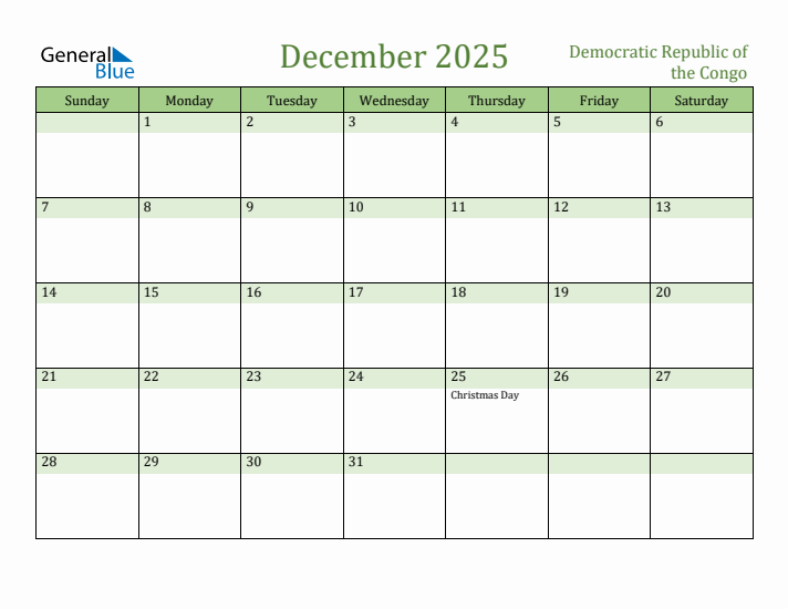 December 2025 Calendar with Democratic Republic of the Congo Holidays