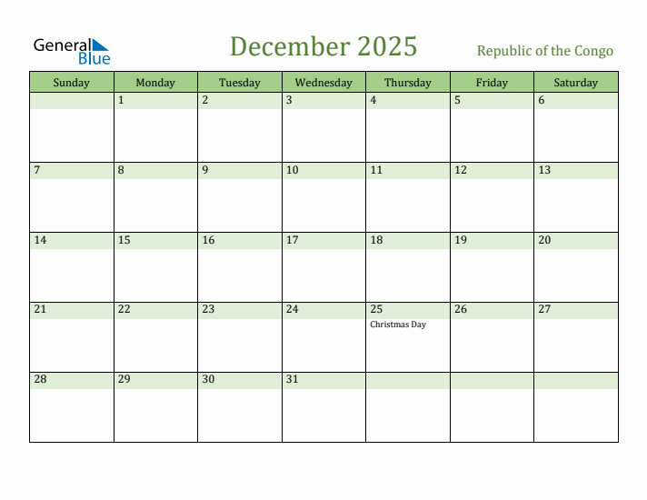 December 2025 Calendar with Republic of the Congo Holidays