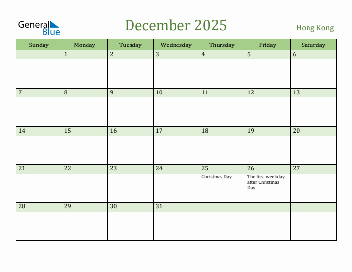 December 2025 Calendar with Hong Kong Holidays