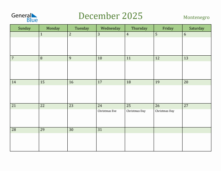 December 2025 Calendar with Montenegro Holidays