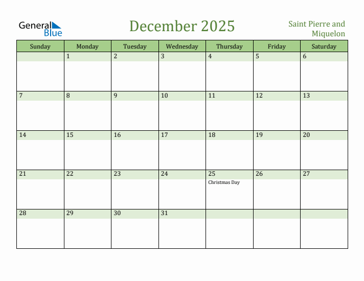 December 2025 Calendar with Saint Pierre and Miquelon Holidays