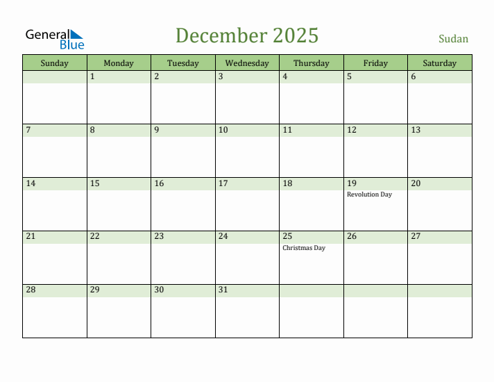 December 2025 Calendar with Sudan Holidays