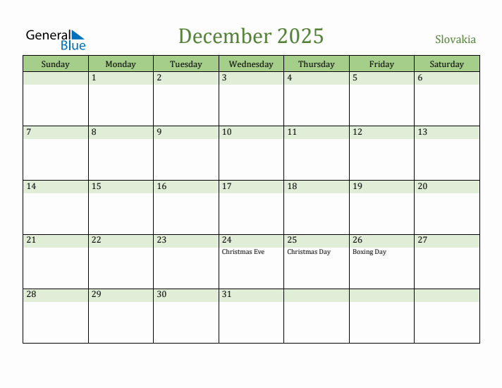 December 2025 Calendar with Slovakia Holidays