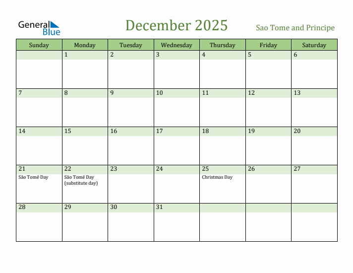 December 2025 Calendar with Sao Tome and Principe Holidays