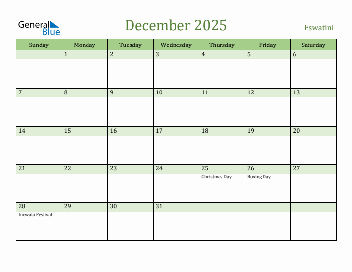 December 2025 Calendar with Eswatini Holidays