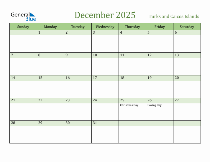December 2025 Calendar with Turks and Caicos Islands Holidays