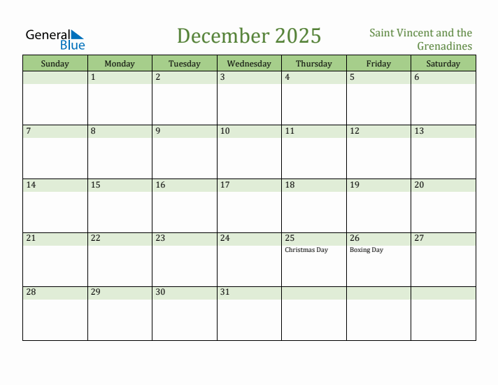 December 2025 Calendar with Saint Vincent and the Grenadines Holidays