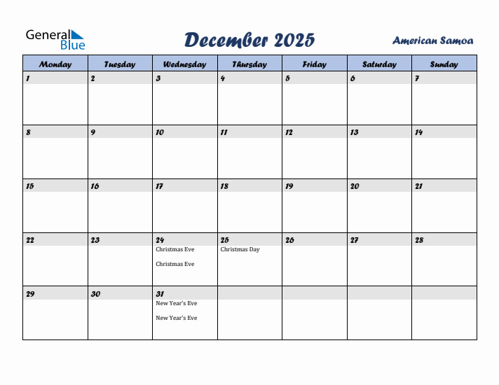 December 2025 Calendar with Holidays in American Samoa