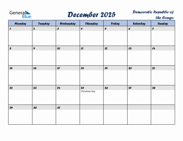 December 2025 Calendar with Holidays in Democratic Republic of the Congo