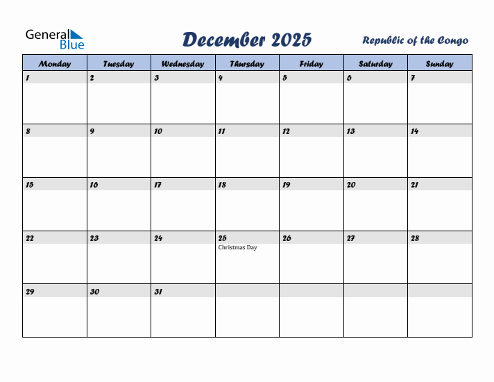 December 2025 Calendar with Holidays in Republic of the Congo