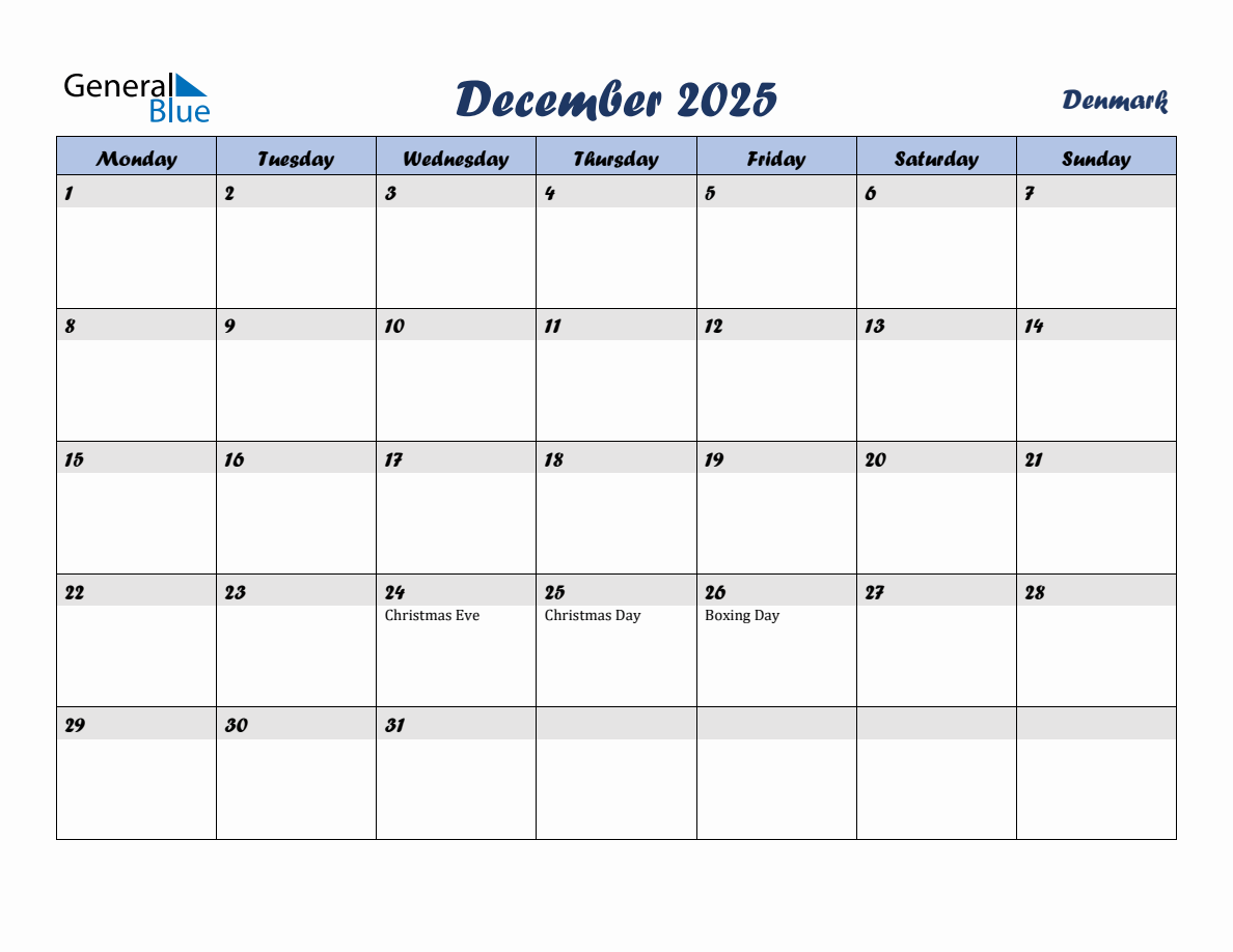 December 2025 Monthly Calendar Template with Holidays for Denmark ...
