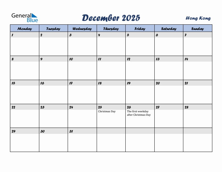 December 2025 Calendar with Holidays in Hong Kong