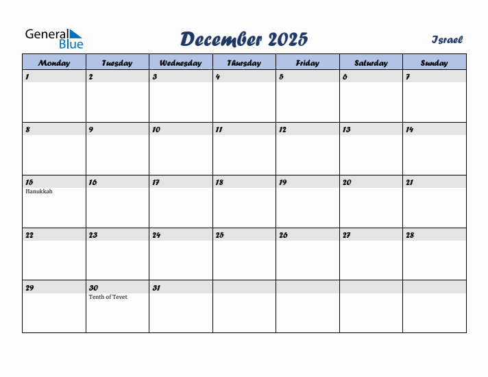 December 2025 Calendar with Holidays in Israel