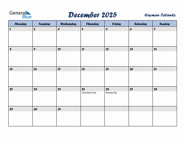 December 2025 Calendar with Holidays in Cayman Islands
