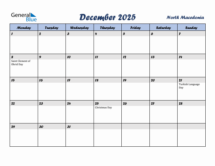 December 2025 Calendar with Holidays in North Macedonia