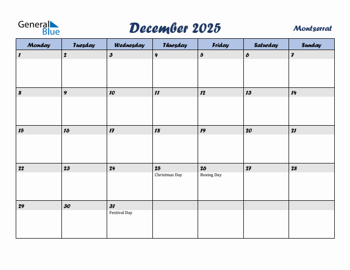 December 2025 Calendar with Holidays in Montserrat