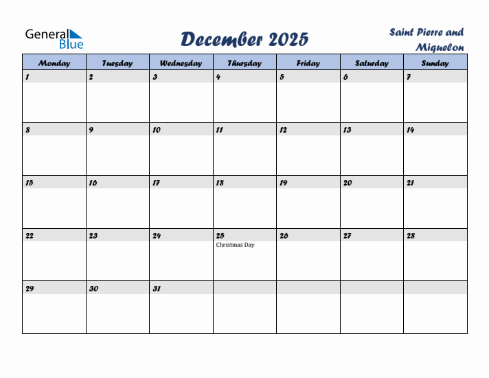 December 2025 Calendar with Holidays in Saint Pierre and Miquelon