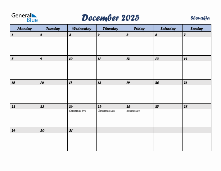 December 2025 Calendar with Holidays in Slovakia