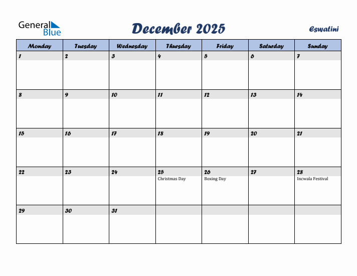 December 2025 Calendar with Holidays in Eswatini